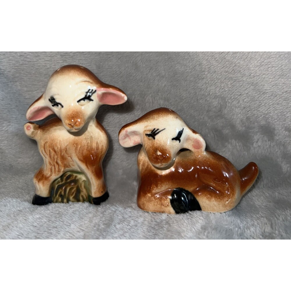 Vtg  Ceramic Lamb Deer? Eyelashes Salt Pepper Shakers Figurine Made Japan Sig?